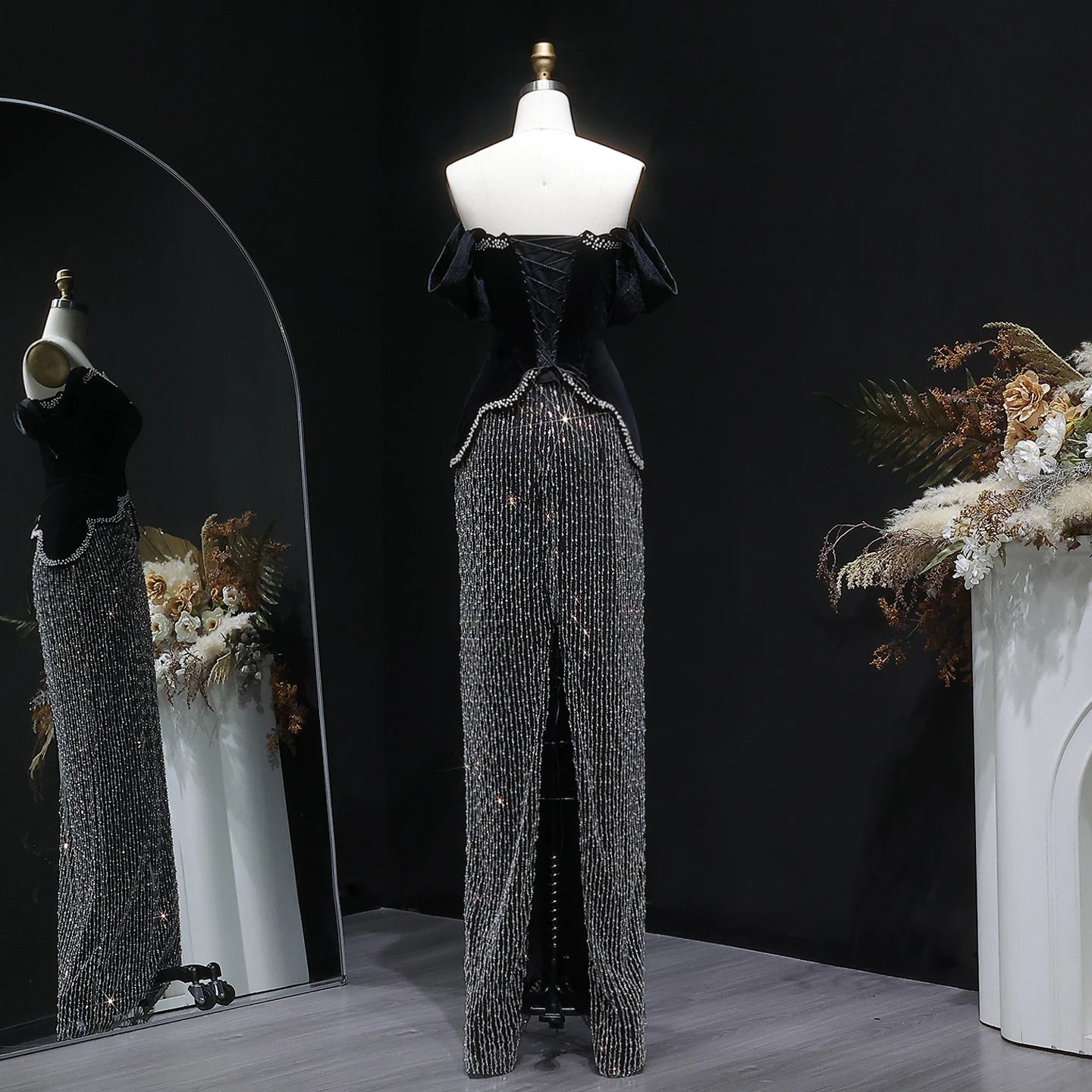 Black Black Beaded Off-Shoulder Evening Gown with Slit — Arabic Luxury — Riviera Couture GCC Luxury Evening Gown