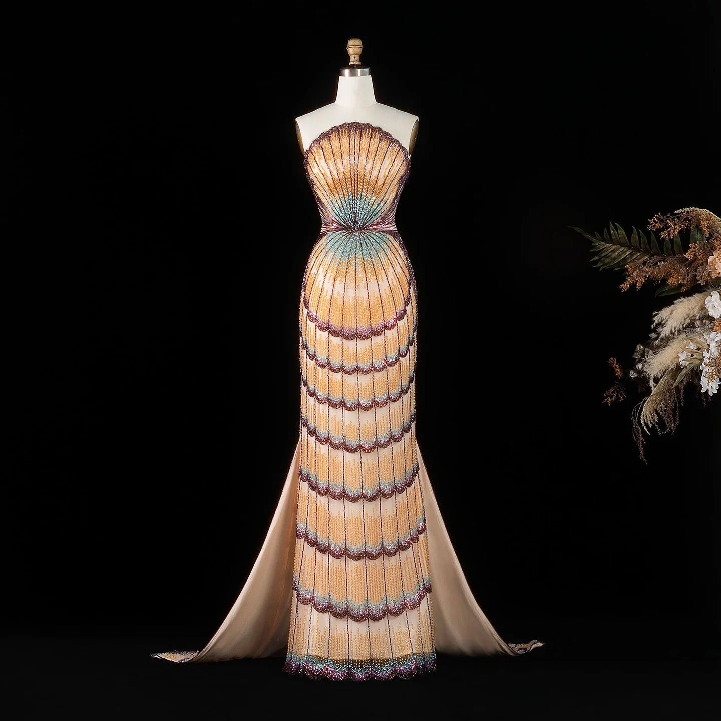 Shell-Embellished Purple Beaded Evening Gown — Luxury GCC Formal — Riviera Couture GCC Luxury Evening Gown
