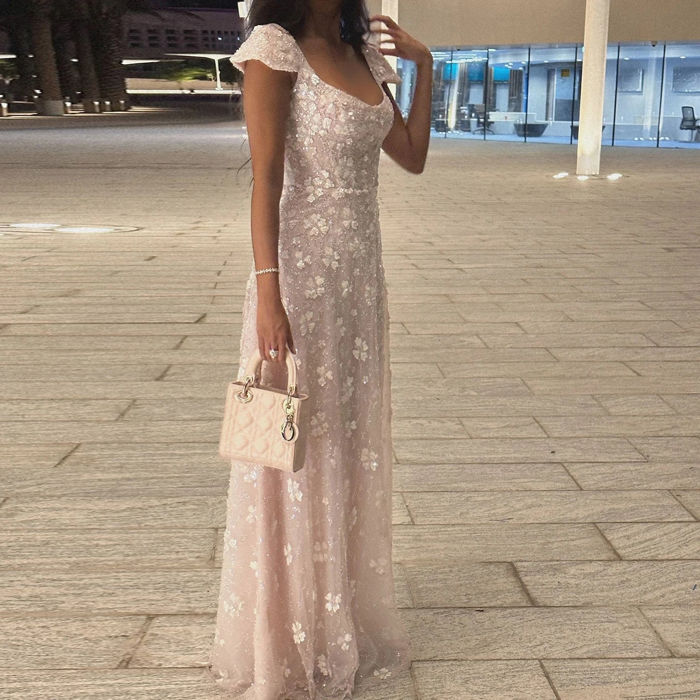 Pink Light Pink Floral Evening Gown — Square Neck Open Back GCC Wedding — Riviera Couture GCC Luxury Evening Gown