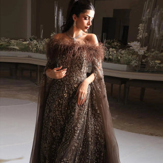 Elegant Off Shoulder Luxury Feathers Evening Dress with Cape Sleeves - Riviera Couture