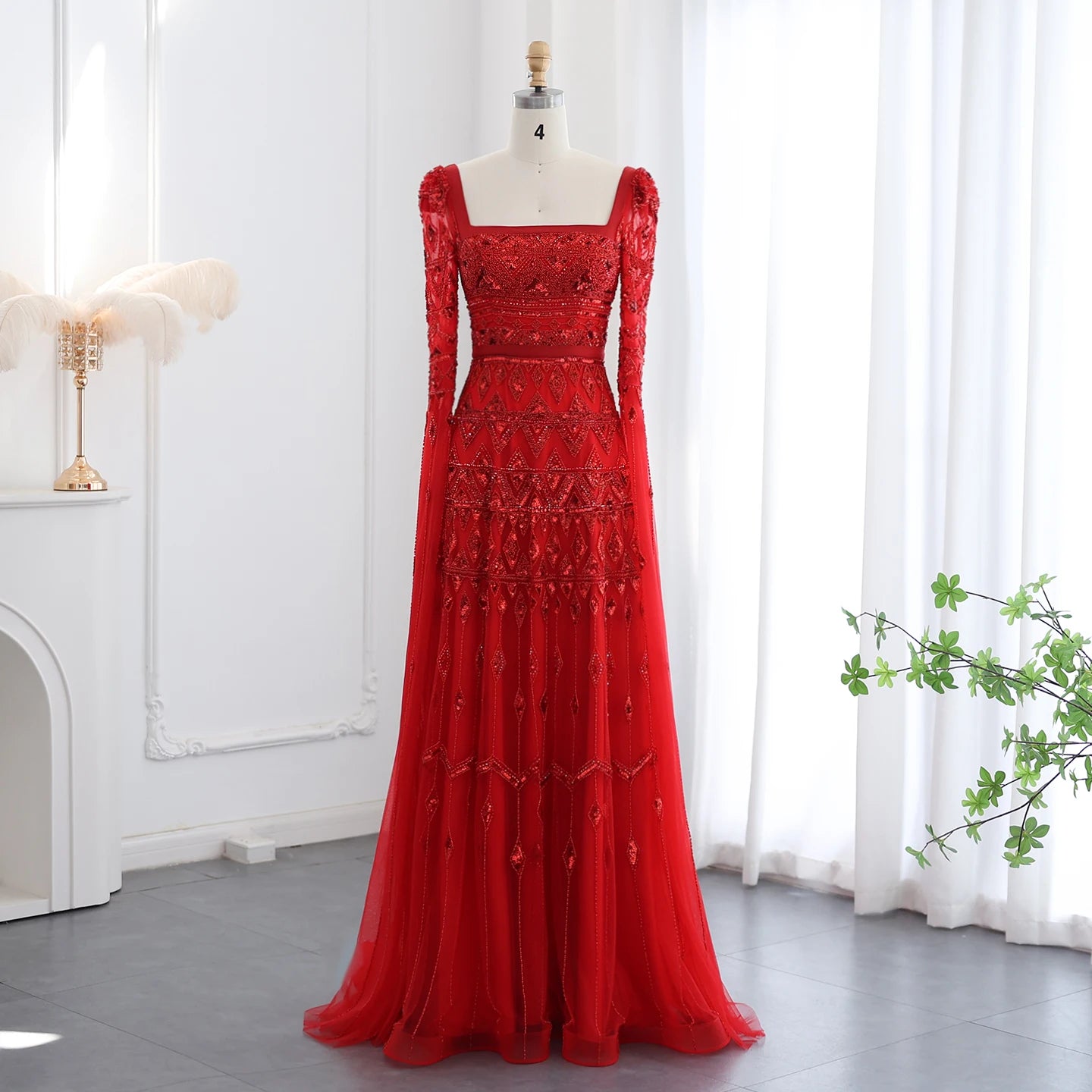 Gold Wine Red Burgundy Evening Gown with Cape Sleeve — Arabic Luxury 2026 — Riviera Couture GCC Luxury Evening Gown