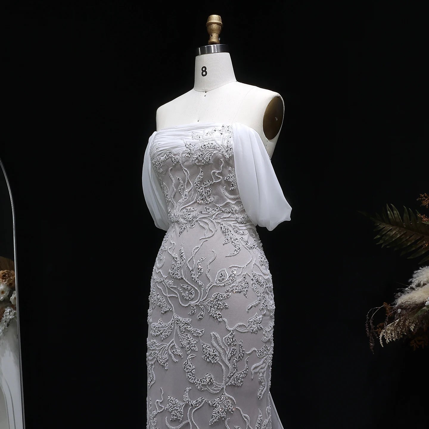 Ivory Ivory Off-Shoulder Mermaid Evening Gown — Luxury Beaded Arabic — Riviera Couture GCC Luxury Evening Gown