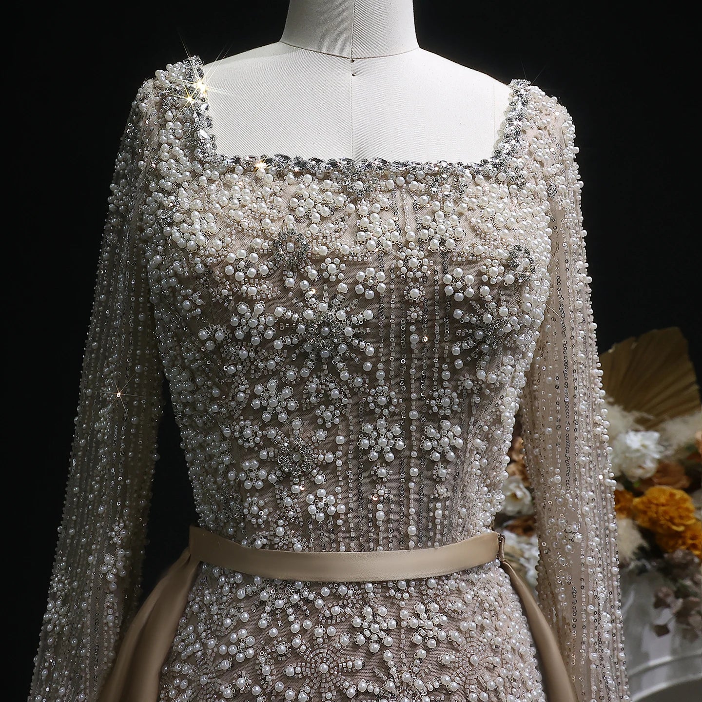 Champagne Beaded Long Sleeve Mermaid Evening Gown with Overskirt — Arabic — Riviera Couture GCC Luxury Evening Gown