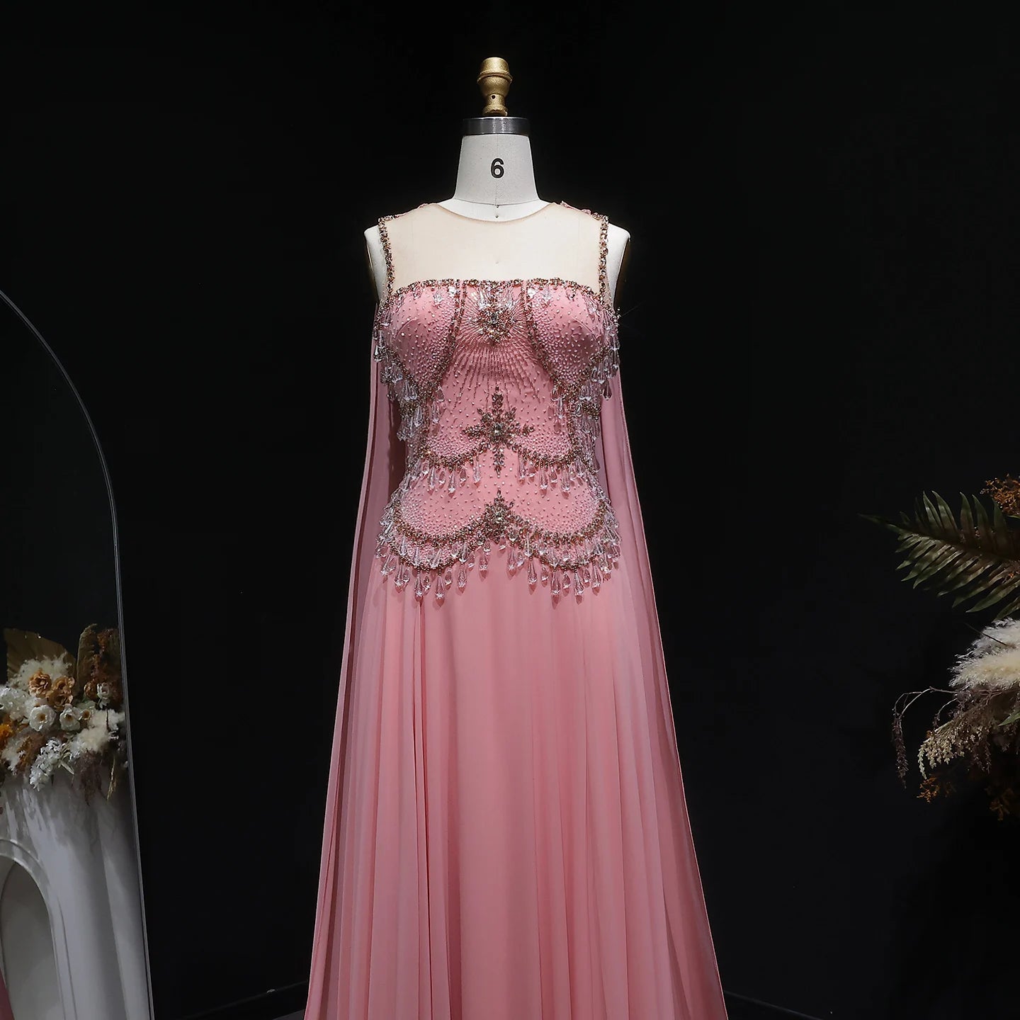 Silver Gold Silver Gold Cape Sleeve Evening Gown — Crystal Beaded Blush Pink — Riviera Couture GCC Luxury Evening Gown