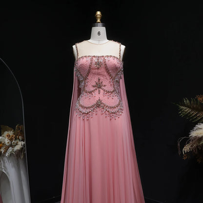 Silver Gold Silver Gold Cape Sleeve Evening Gown — Crystal Beaded Blush Pink — Riviera Couture GCC Luxury Evening Gown
