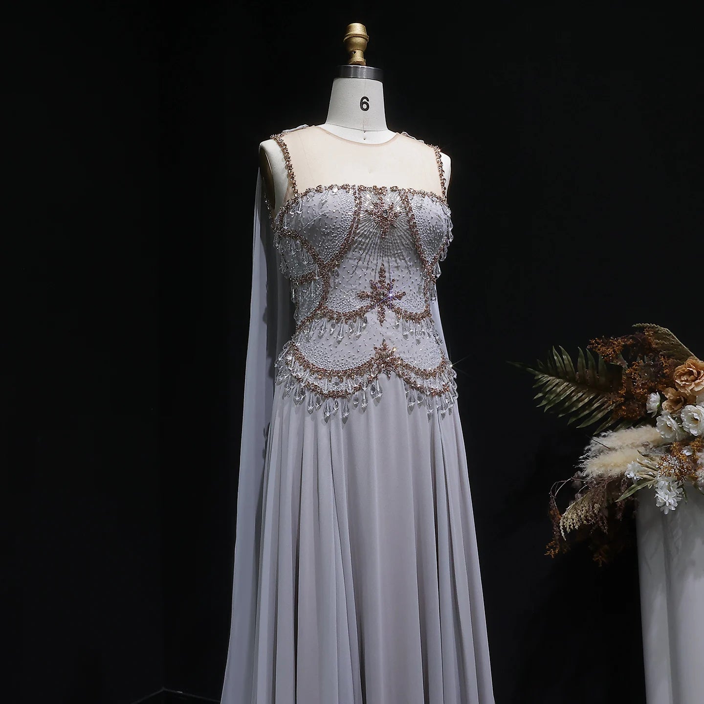 Silver Gold Silver Gold Cape Sleeve Evening Gown — Crystal Beaded Blush Pink — Riviera Couture GCC Luxury Evening Gown