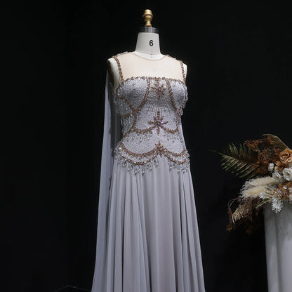 Silver Gold Silver Gold Cape Sleeve Evening Gown — Crystal Beaded Blush Pink — Riviera Couture GCC Luxury Evening Gown