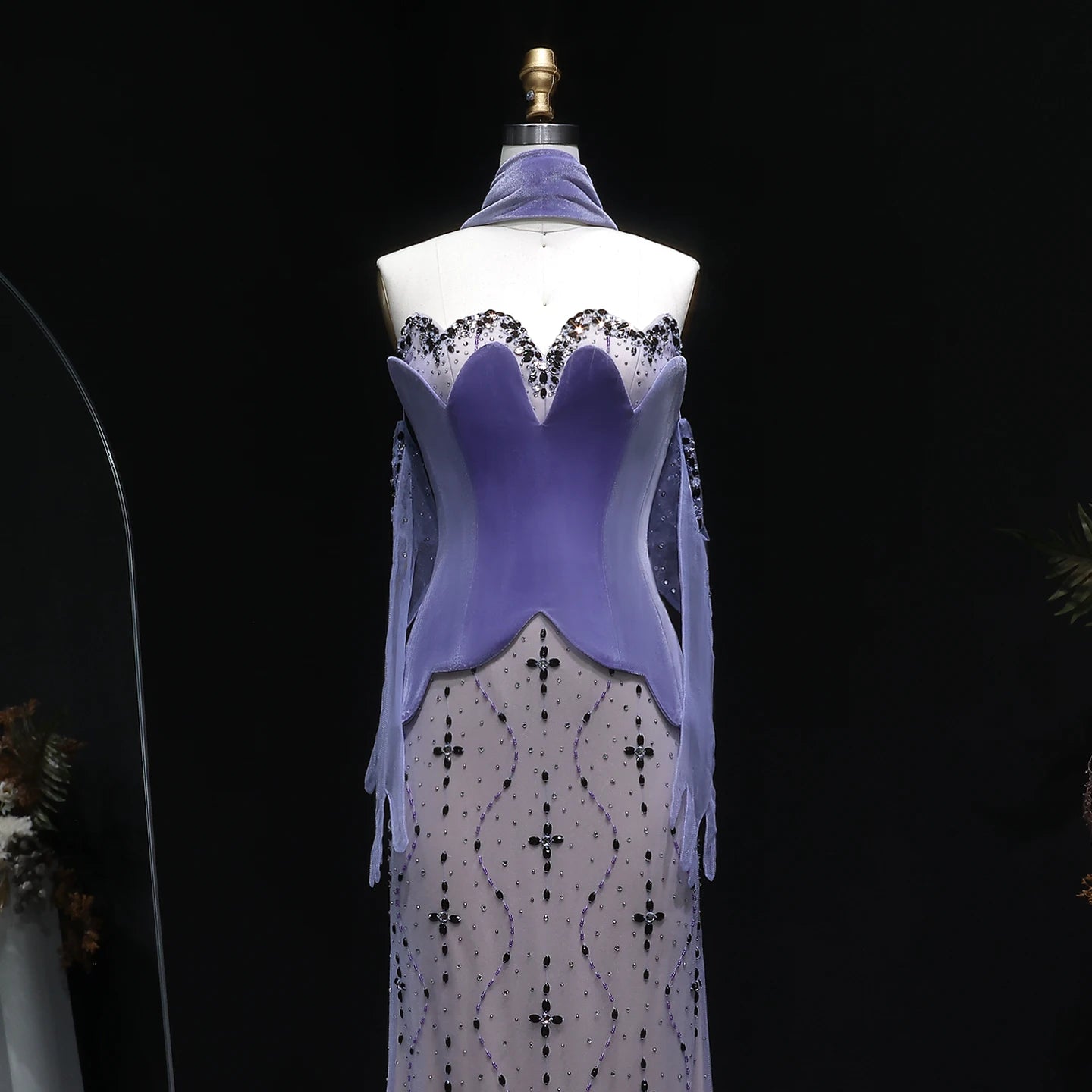 Purple Purple Velvet Two-Piece Mermaid Evening Gown with Gloves and Scarf — Riviera Couture GCC Luxury Evening Gown