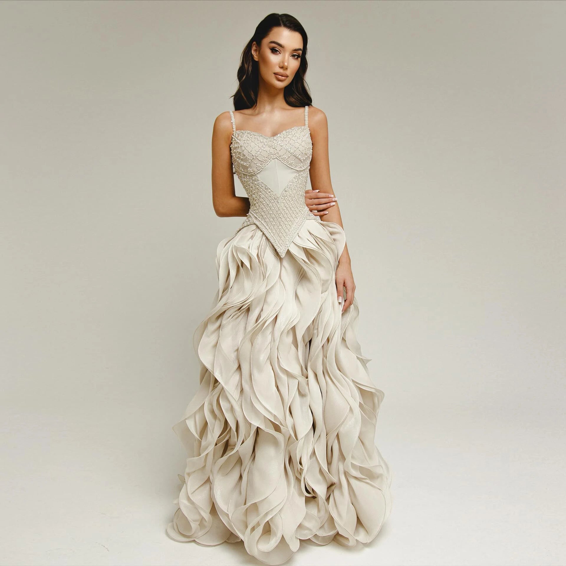 Beige Tiered Ruffle Evening Gown — Beaded Pearl GCC Luxury Formal — Riviera Couture GCC Luxury Evening Gown