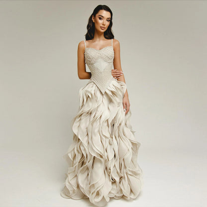 Beige Tiered Ruffle Evening Gown — Beaded Pearl GCC Luxury Formal — Riviera Couture GCC Luxury Evening Gown