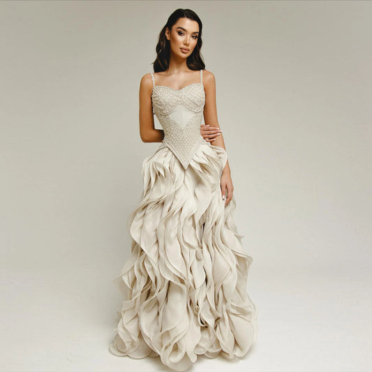 Beige Tiered Ruffle Evening Gown — Beaded Pearl GCC Luxury Formal — Riviera Couture GCC Luxury Evening Gown