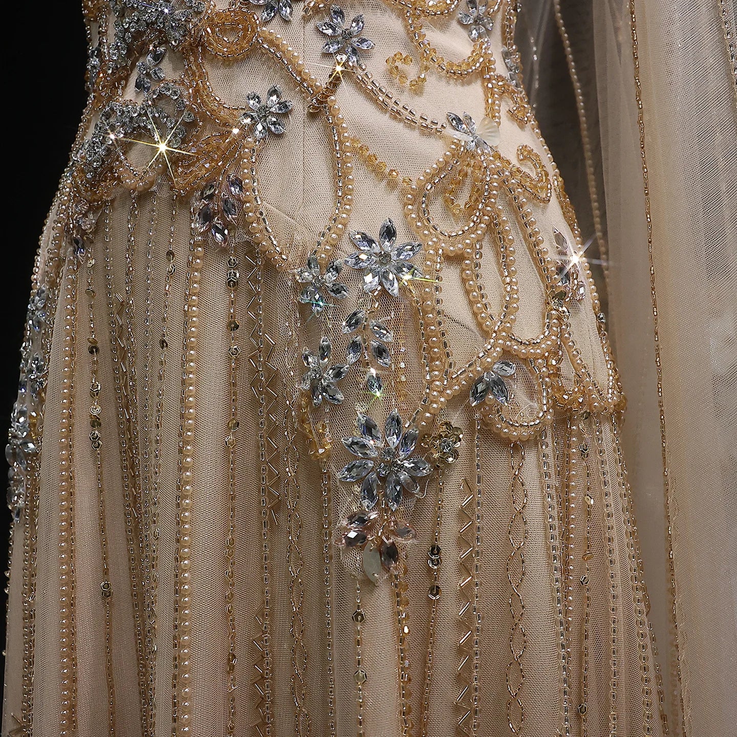 Champagne Crystal Beaded Evening Gown with Cape — Luxury GCC Wedding Formal — Riviera Couture GCC Luxury Evening Gown