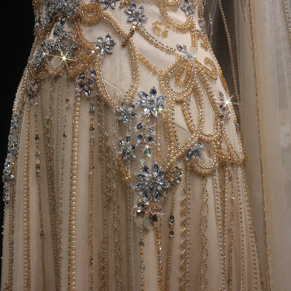 Champagne Crystal Beaded Evening Gown with Cape — Luxury GCC Wedding Formal — Riviera Couture GCC Luxury Evening Gown