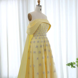 Yellow Satin Evening Dress with Cape - Riviera Couture