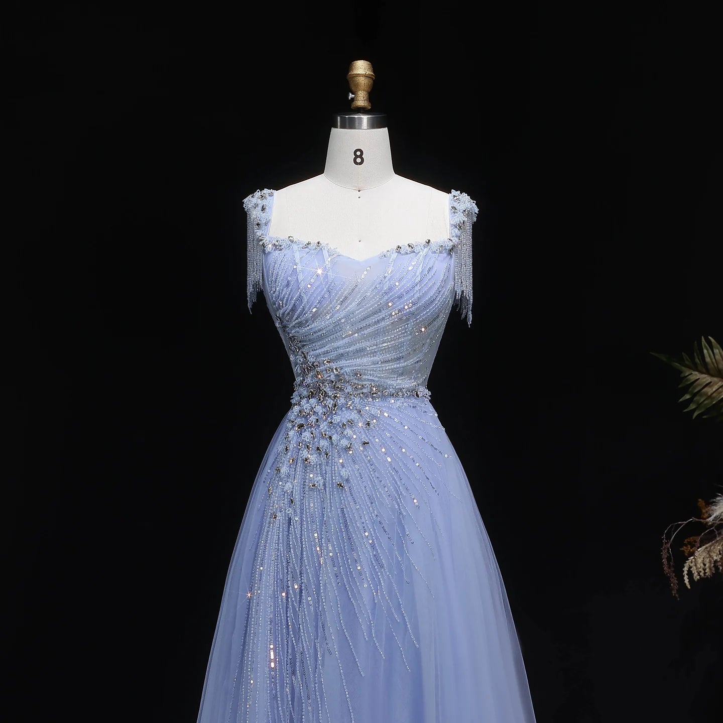 Champagne A-Line Evening Gown — Tassel Beaded Crystal GCC Luxury 2026 — Riviera Couture GCC Luxury Evening Gown