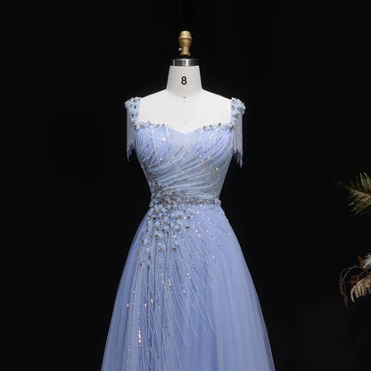 Champagne A-Line Evening Gown — Tassel Beaded Crystal GCC Luxury 2026 — Riviera Couture GCC Luxury Evening Gown