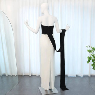 Black and White Strapless Evening Dress with Cape - Riviera Couture