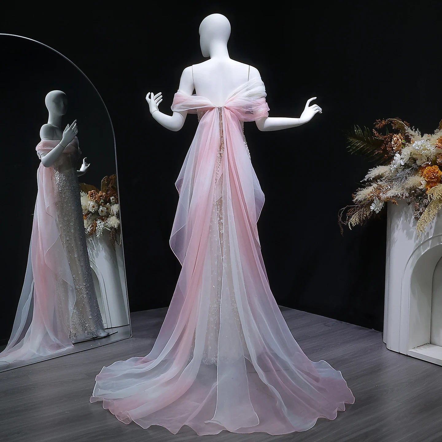 Blush Pink Off-Shoulder Sequined Evening Gown with Cape — GCC Wedding Formal — Riviera Couture GCC Luxury Evening Gown
