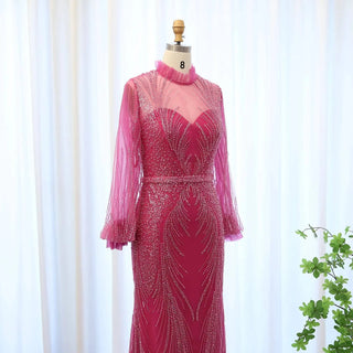 Fuchsia Mermaid Evening Dress High Neck Long Sleeves - Riviera Couture