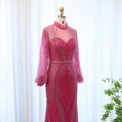 Fuchsia Mermaid Evening Dress High Neck Long Sleeves - Riviera Couture
