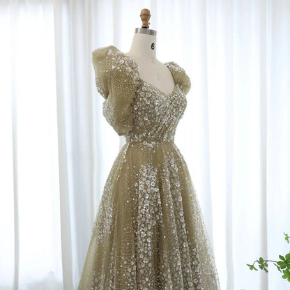 Glitter Gown with Puffy Sleeves - Riviera Couture