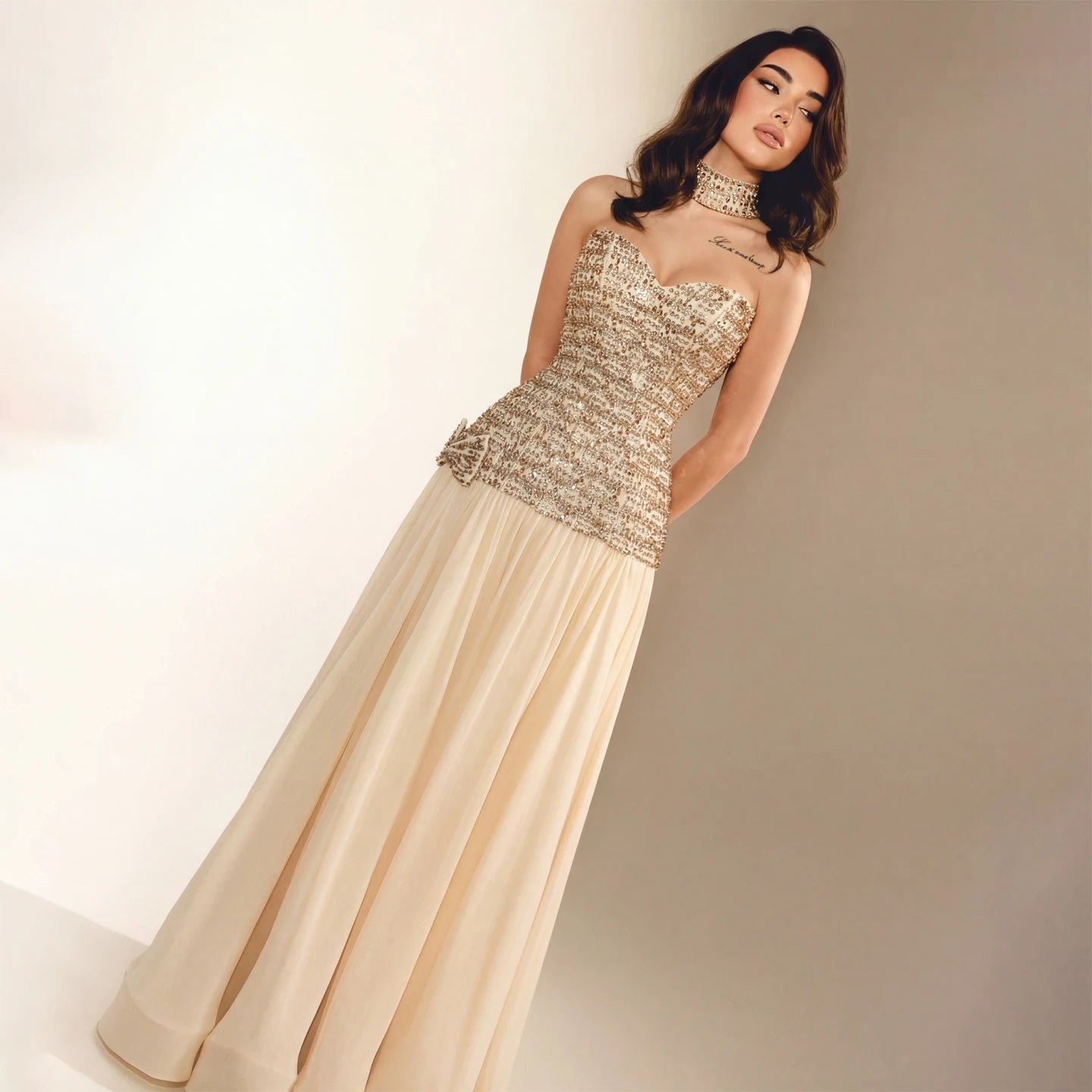 Gold Dubai A-Line Evening Gown — Beaded Crystal Bow Arabic Formal 2026 — Riviera Couture GCC Luxury Evening Gown