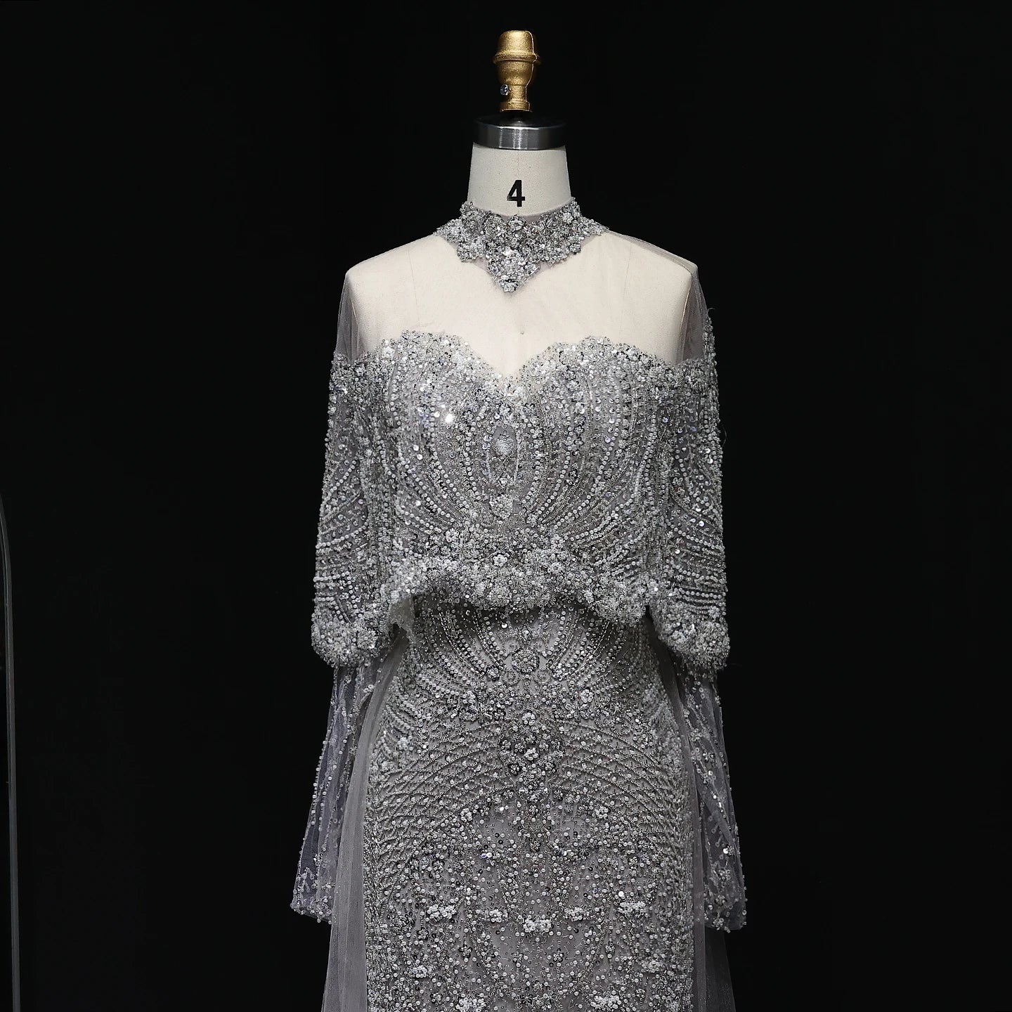 Wine Red Gray Dubai Evening Gown with Cape — Long Sleeve Detachable Overskirt — Riviera Couture GCC Luxury Evening Gown