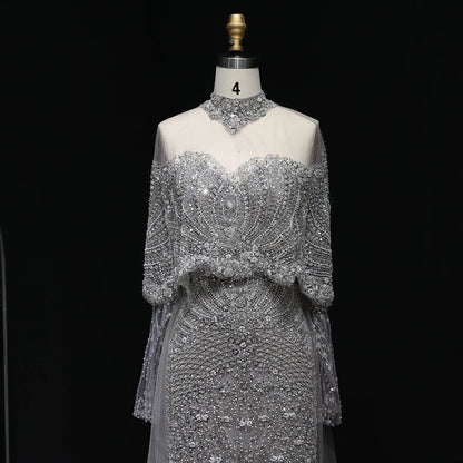Wine Red Gray Dubai Evening Gown with Cape — Long Sleeve Detachable Overskirt — Riviera Couture GCC Luxury Evening Gown