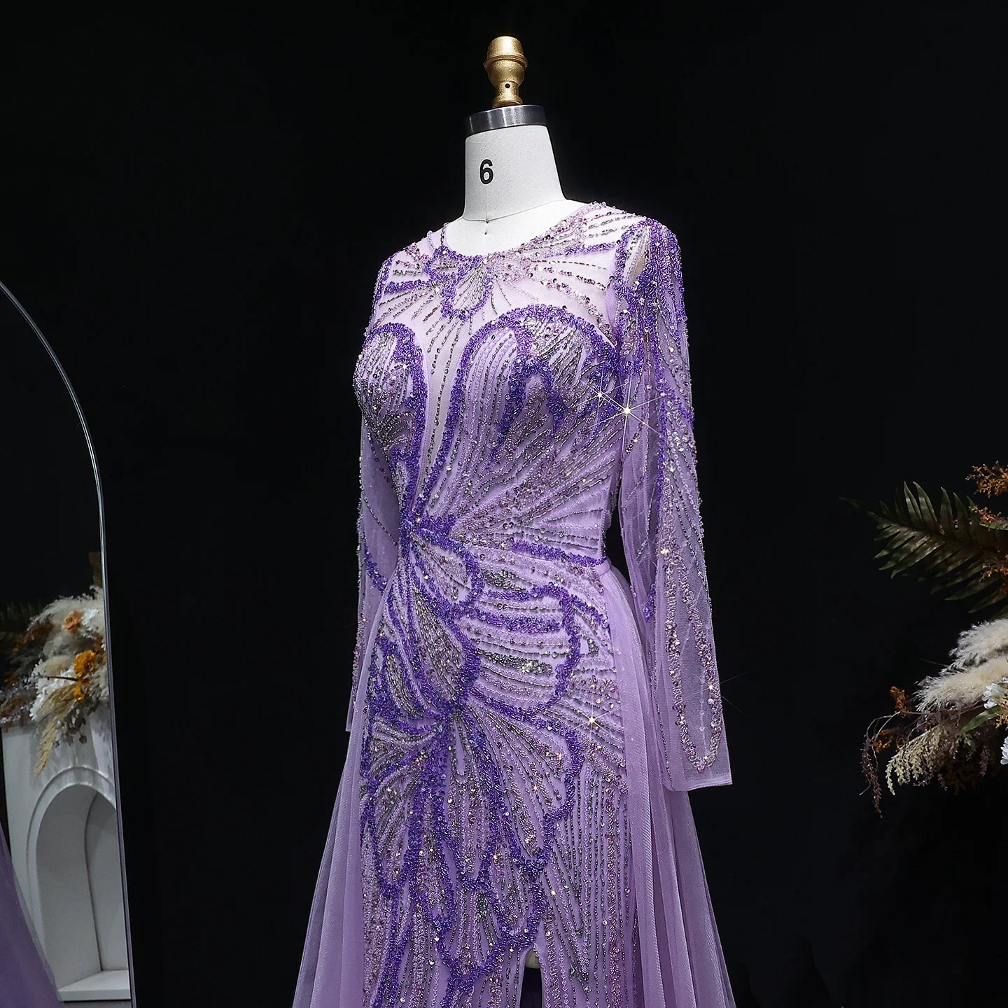 Lilac Beaded Long Sleeve Evening Gown with Overskirt and Side Slit — Riviera Couture GCC Luxury Evening Gown
