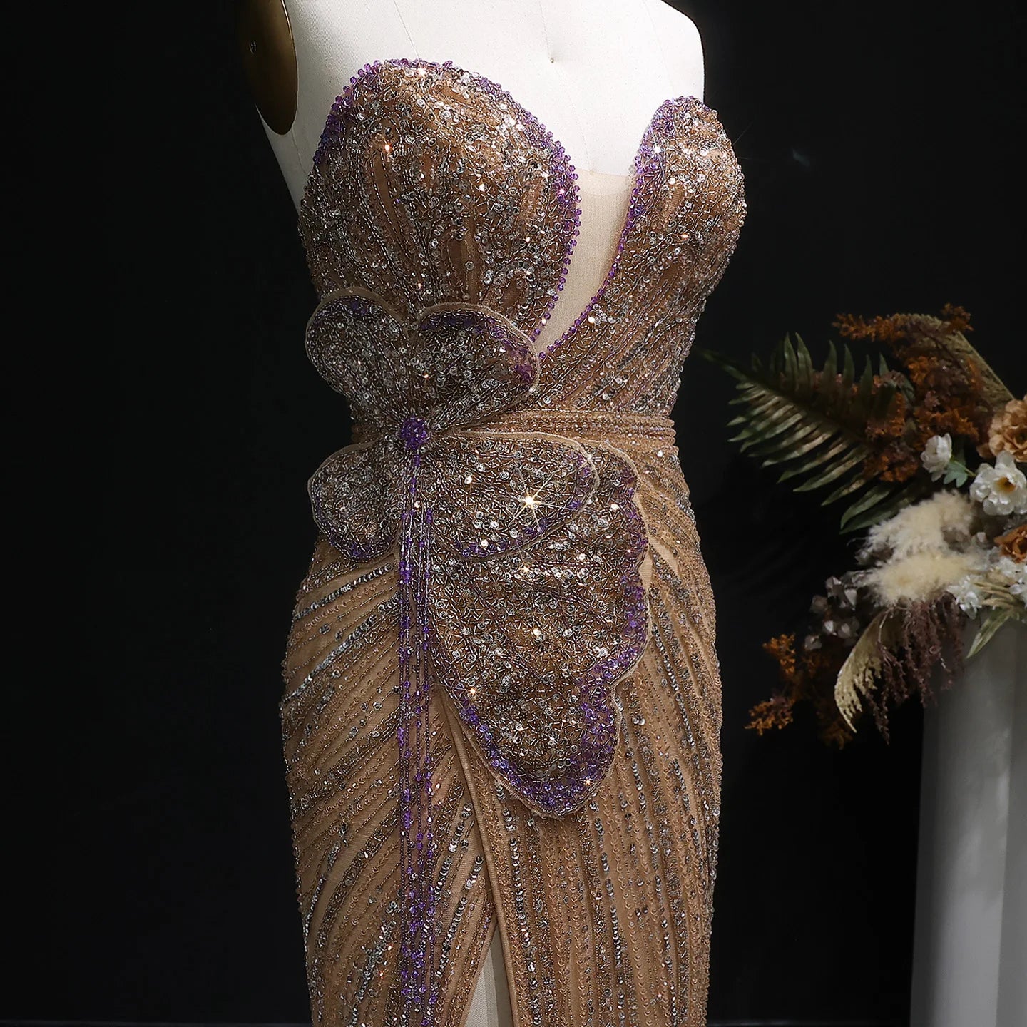Champagne Pink Sweetheart Mermaid Evening Gown — Luxury Beaded Dubai Wedding — Riviera Couture GCC Luxury Evening Gown