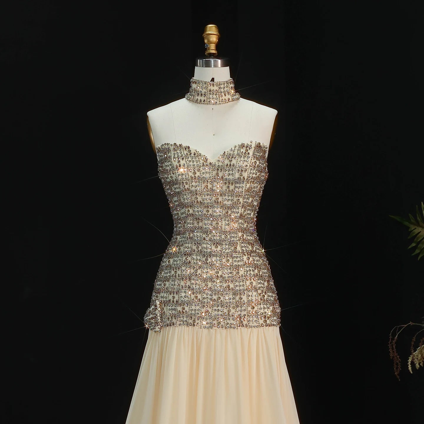 Gold Dubai A-Line Evening Gown — Beaded Crystal Bow Arabic Formal 2026 — Riviera Couture GCC Luxury Evening Gown