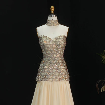 Gold Dubai A-Line Evening Gown — Beaded Crystal Bow Arabic Formal 2026 — Riviera Couture GCC Luxury Evening Gown