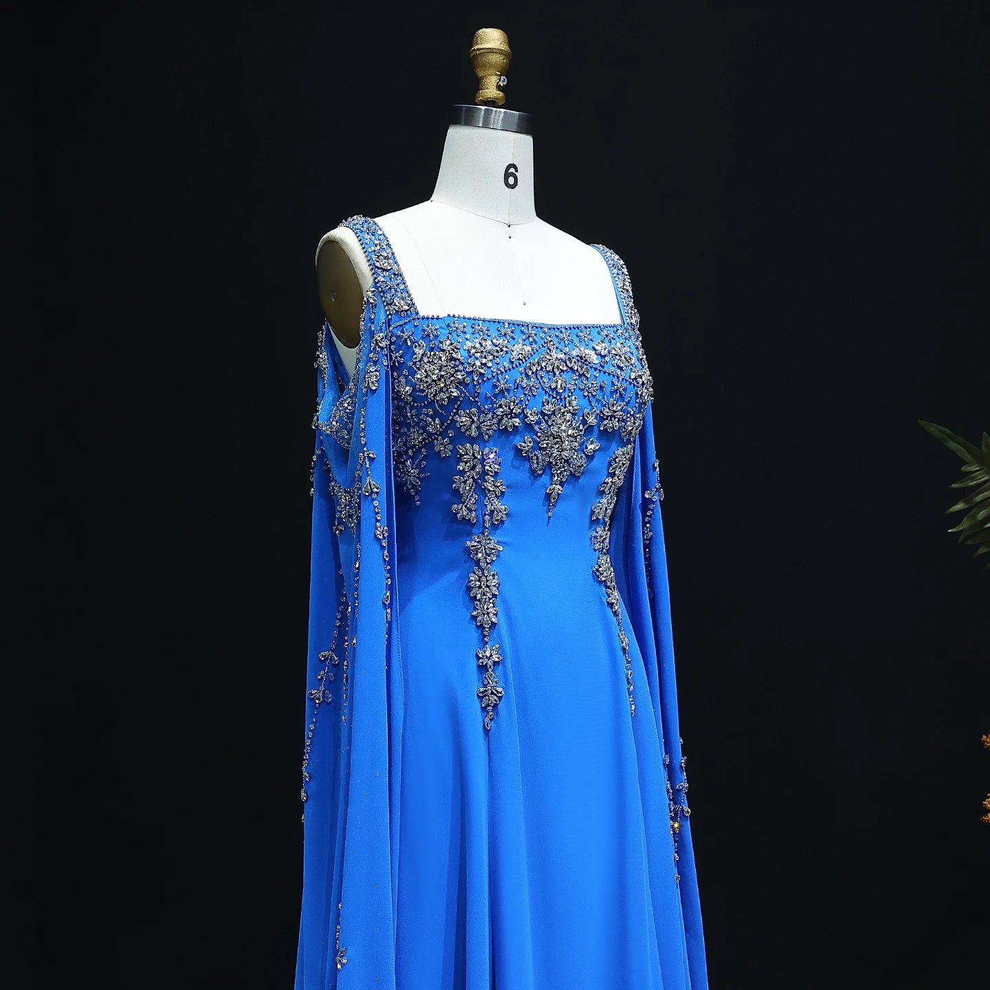 Yellow Blue Crystal Evening Gown with Flowing Cape Sleeve — Arabic Luxury — Riviera Couture GCC Luxury Evening Gown