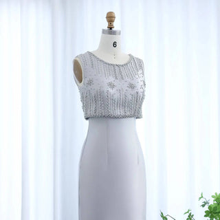 Rhinestones Silver Gray Midi Evening Dress - Riviera Couture