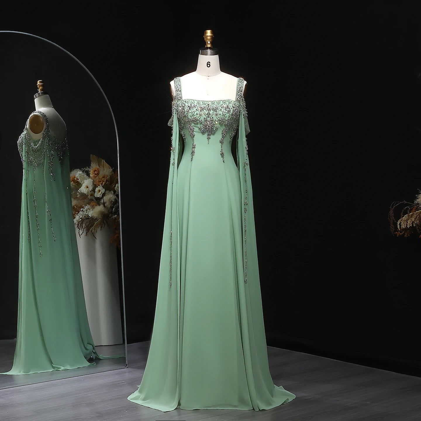 Green Blue Crystal Evening Gown with Flowing Cape Sleeve — Arabic Luxury — Riviera Couture GCC Luxury Evening Gown