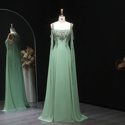 Green Blue Crystal Evening Gown with Flowing Cape Sleeve — Arabic Luxury — Riviera Couture GCC Luxury Evening Gown