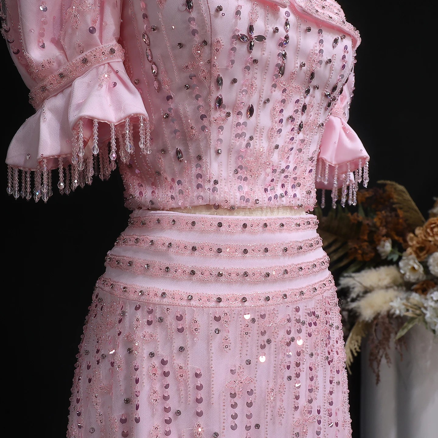 Pink Pink Two-Piece Evening Gown — Short Sleeve Square Collar Arabic — Riviera Couture GCC Luxury Evening Gown