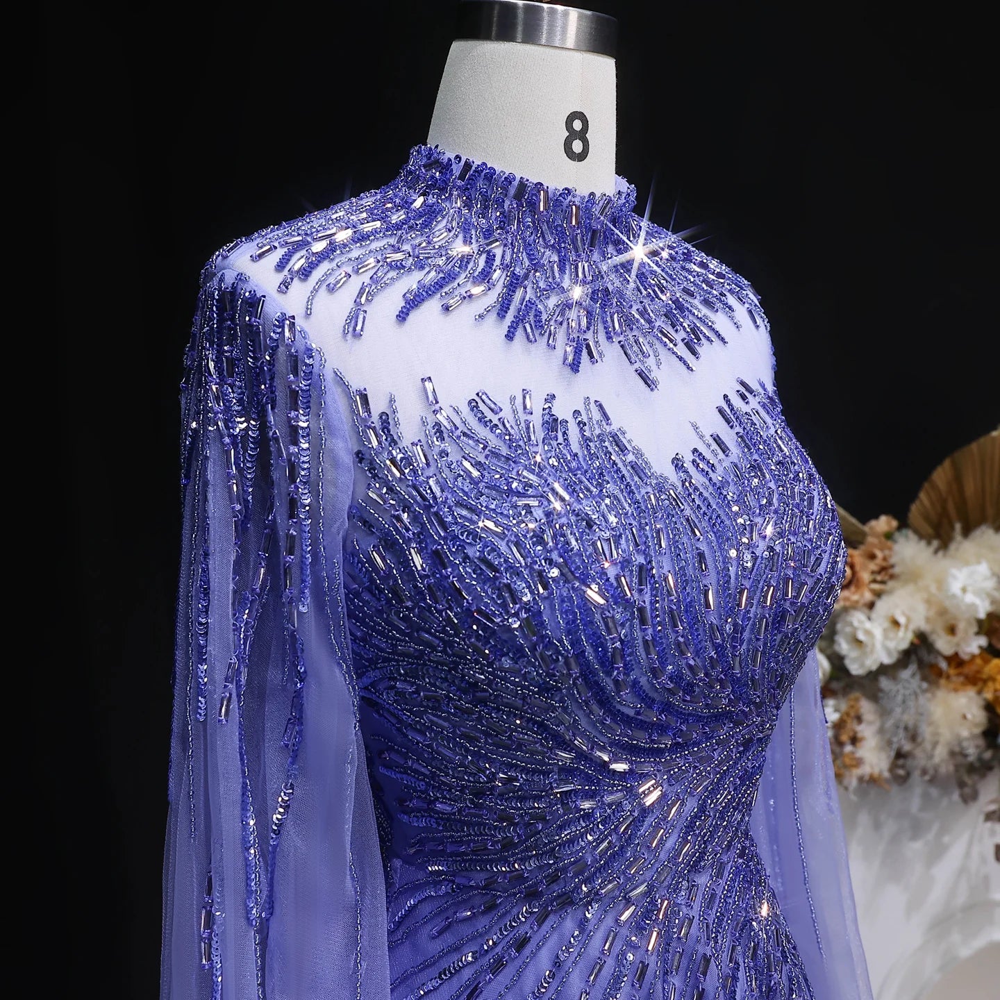 Caramel Caramel Beaded High Neck Cape Sleeve Evening Gown — Sequin Tulle — Riviera Couture GCC Luxury Evening Gown