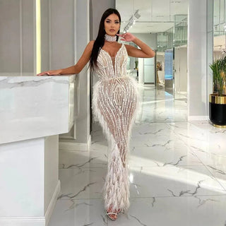 White Nude Mermaid Evening Dress with Spaghetti Straps - Riviera Couture