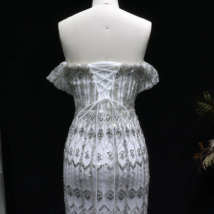 WHITE Burgundy Mermaid Evening Gown with Cap Sleeve — Dubai Arabic Luxury — Riviera Couture GCC Luxury Evening Gown