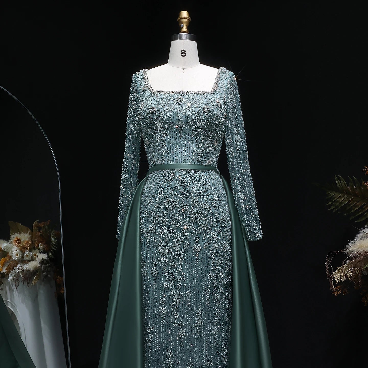 Champagne Beaded Long Sleeve Mermaid Evening Gown with Overskirt — Arabic — Riviera Couture GCC Luxury Evening Gown