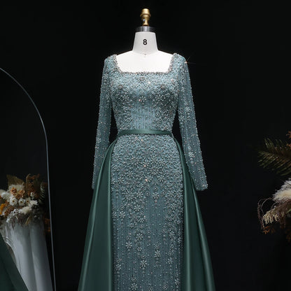 Champagne Beaded Long Sleeve Mermaid Evening Gown with Overskirt — Arabic — Riviera Couture GCC Luxury Evening Gown