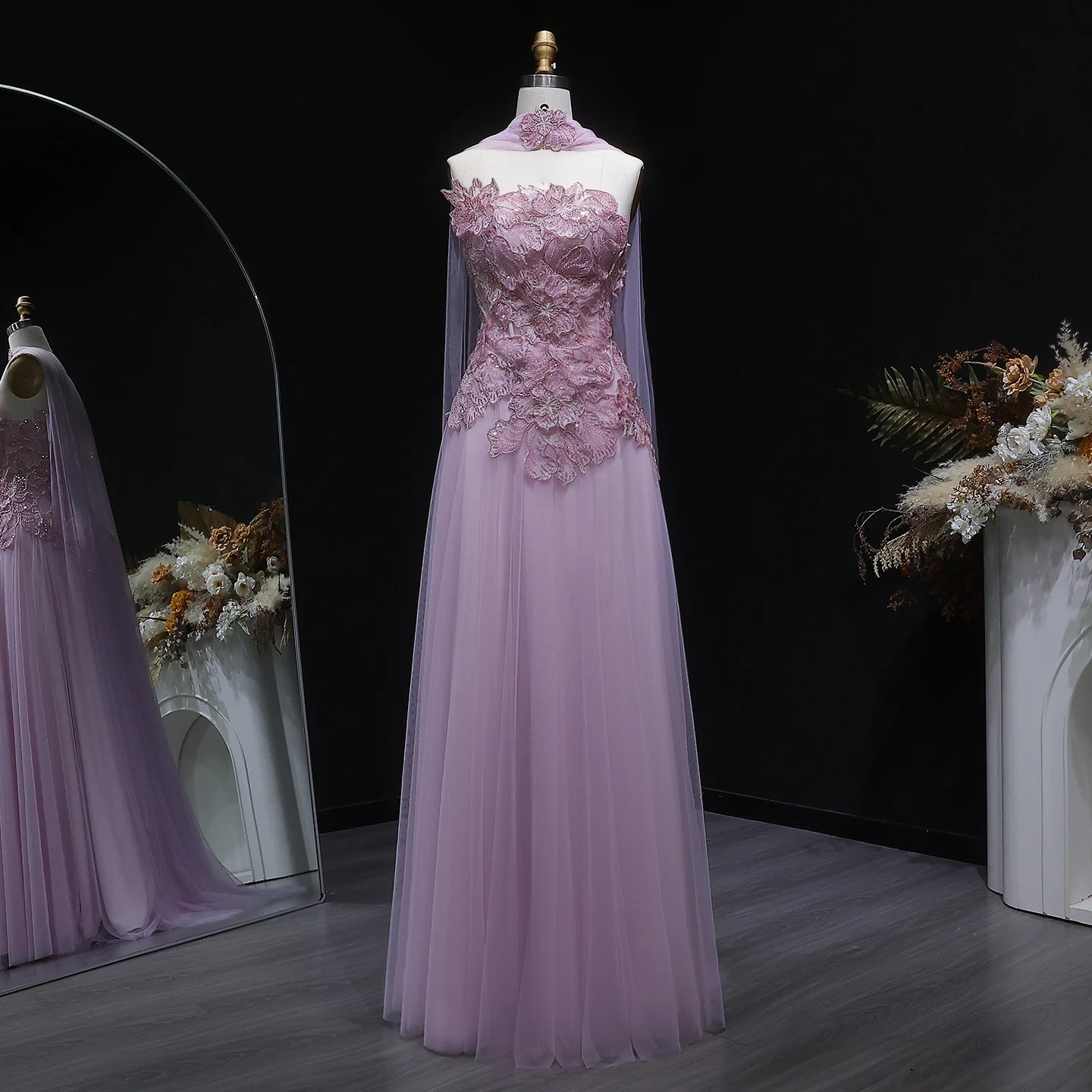 A-Line Evening Gown with Scarf — Appliqué Beaded GCC Formal — Riviera Couture GCC Luxury Evening Gown