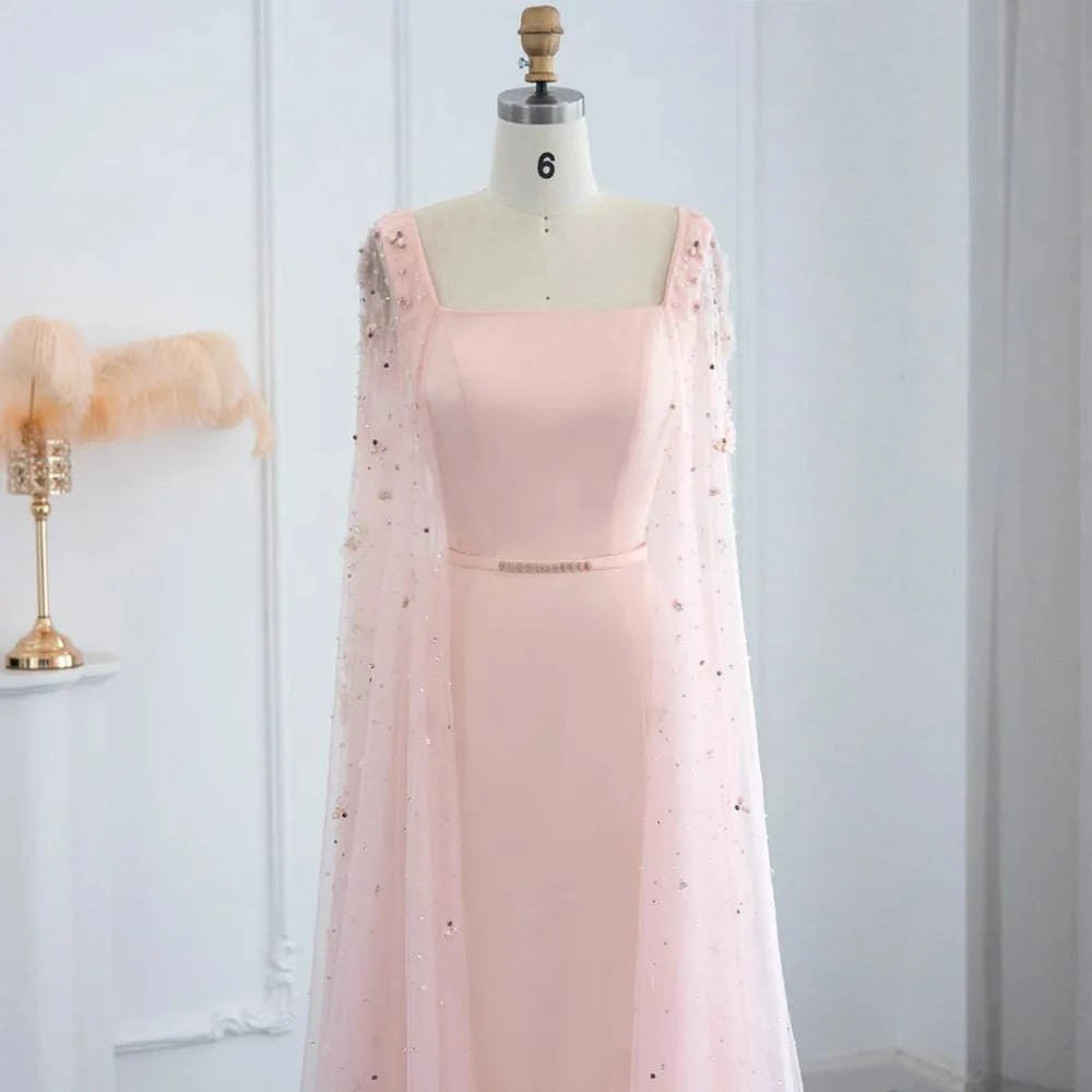 Pink 3D Flowers Evening Dress with Cape Sleeves - Riviera Couture