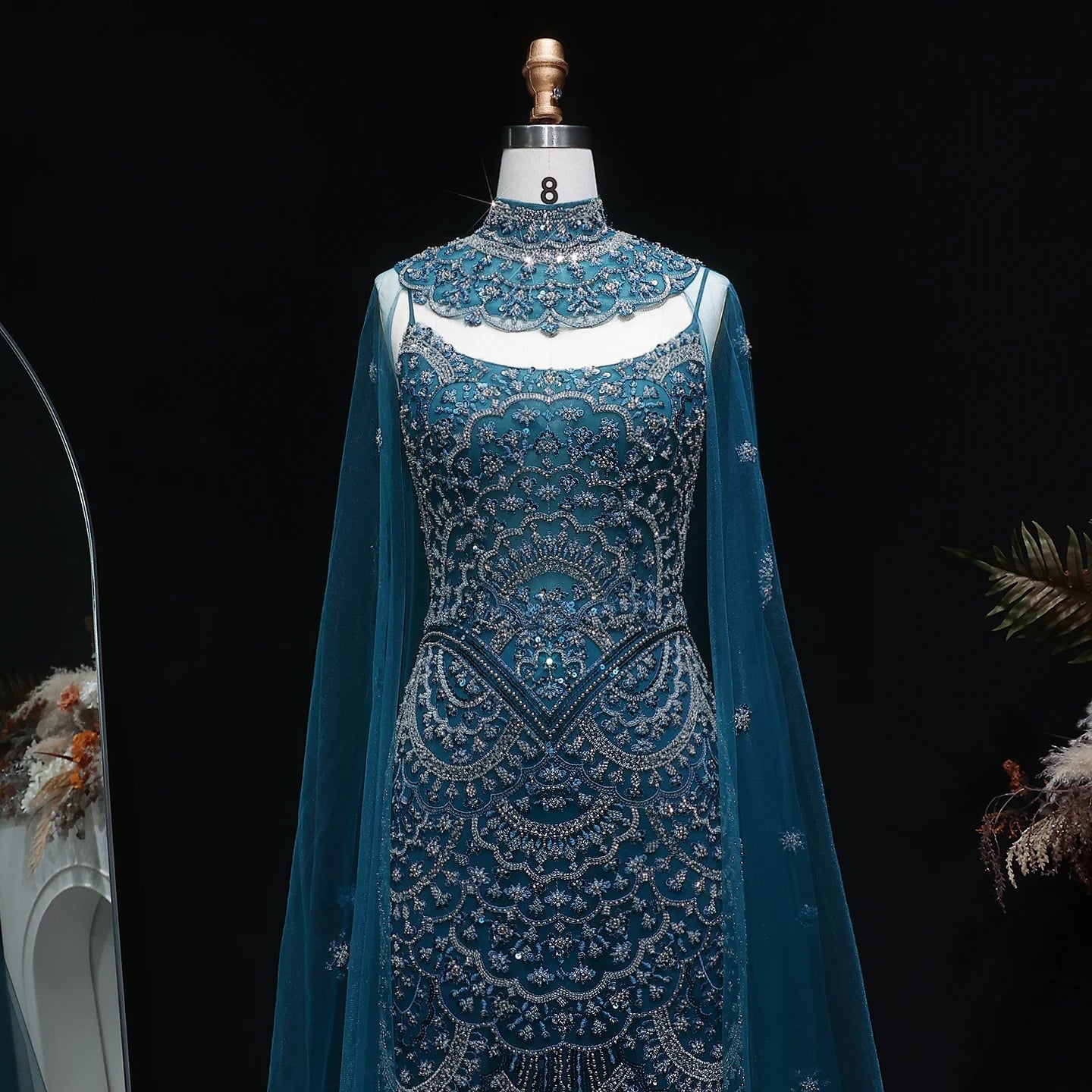 Teal Plus Size Beaded Mermaid Evening Gown with Cape — GCC Luxury Formal — Riviera Couture GCC Luxury Evening Gown