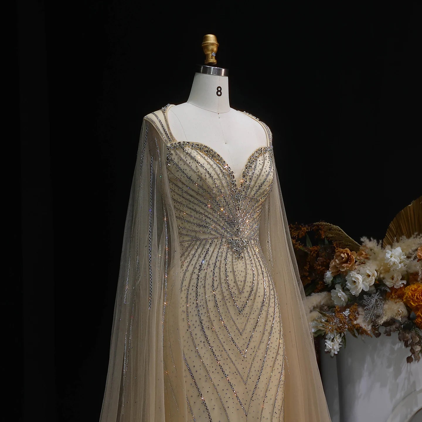 Pink Beaded Mermaid Evening Gown with Cape Sleeves — Dubai Arabic Formal — Riviera Couture GCC Luxury Evening Gown