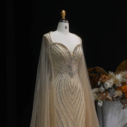 Pink Beaded Mermaid Evening Gown with Cape Sleeves — Dubai Arabic Formal — Riviera Couture GCC Luxury Evening Gown