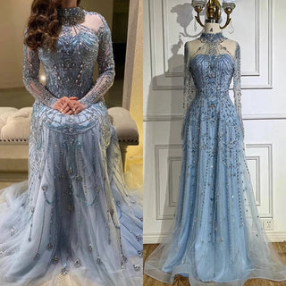 A-Line Blue Lace Beaded Luxury Evening Gown - RC310 - Riviera Couture