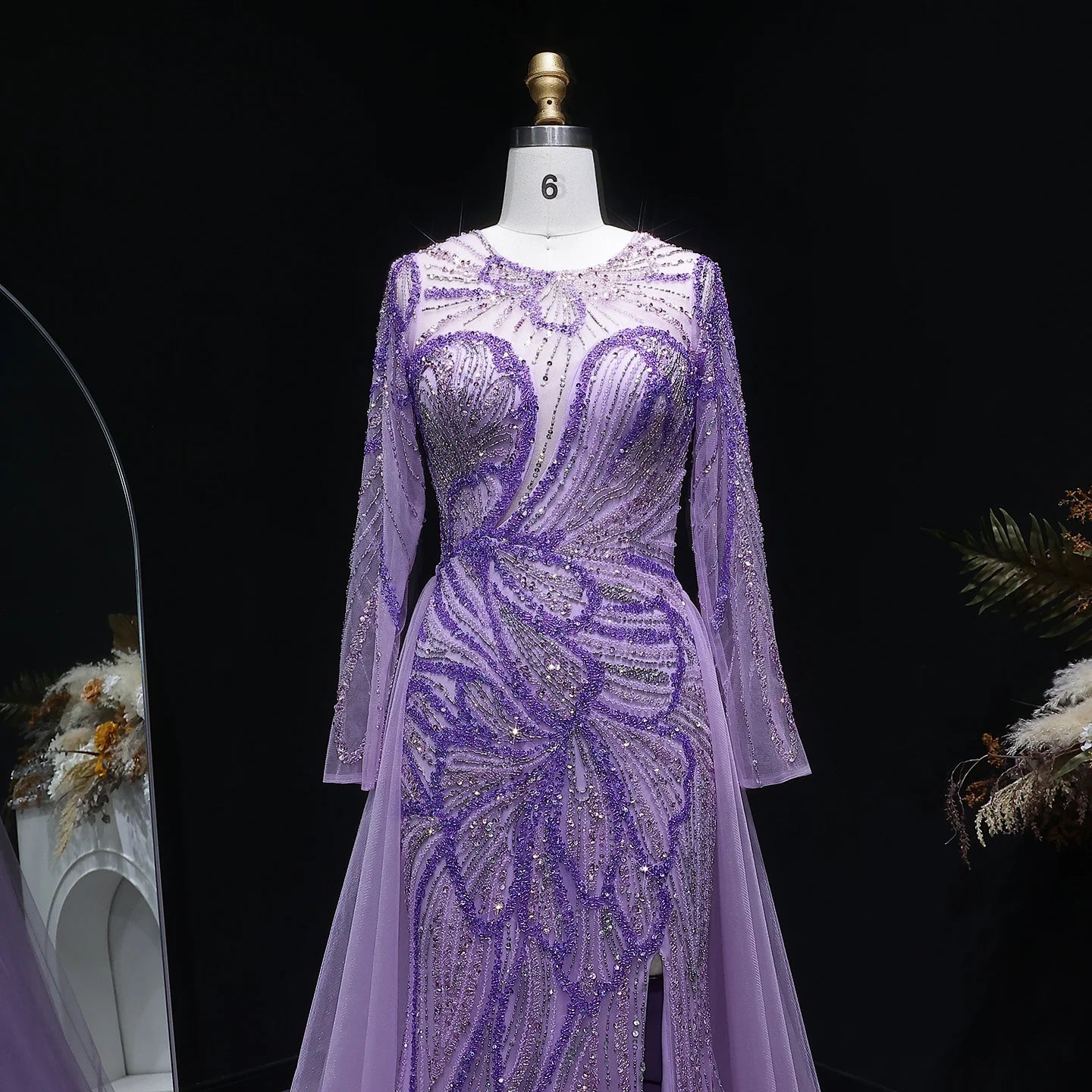 Lilac Beaded Long Sleeve Evening Gown with Overskirt and Side Slit — Riviera Couture GCC Luxury Evening Gown
