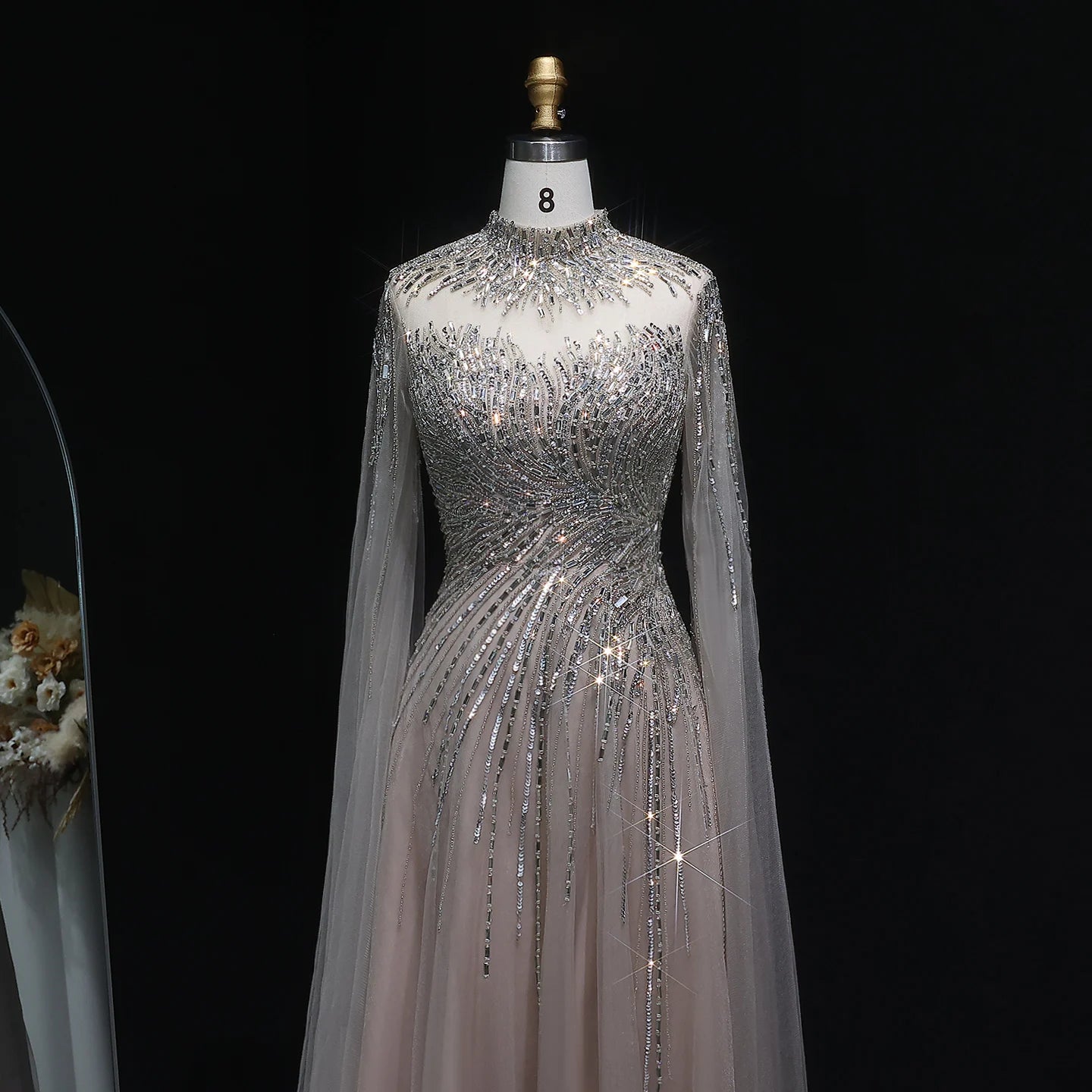 Caramel Caramel Beaded High Neck Cape Sleeve Evening Gown — Sequin Tulle — Riviera Couture GCC Luxury Evening Gown